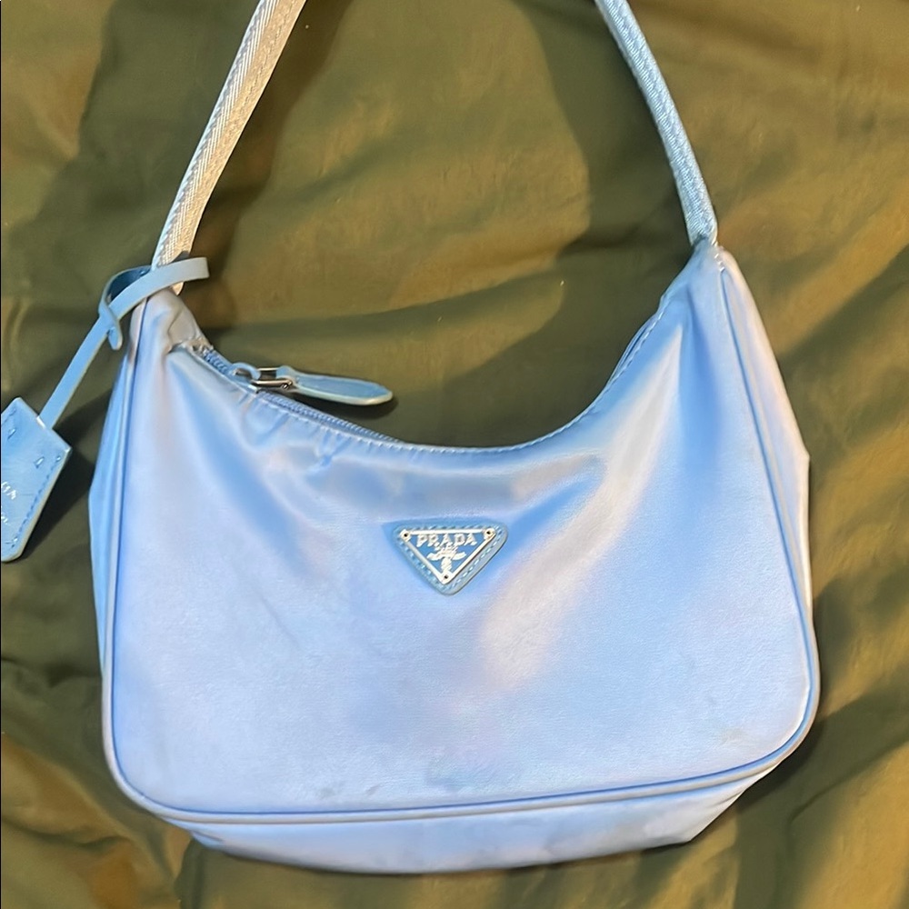 Prada Blue Shoulder Bag with Textured Fabric and Crescent Shape